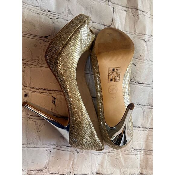 Michael Kors Size 8.5 Gold Sparkle Glitter Platform Peep Toe Pump Heels Bridal - Picture 14 of 16
